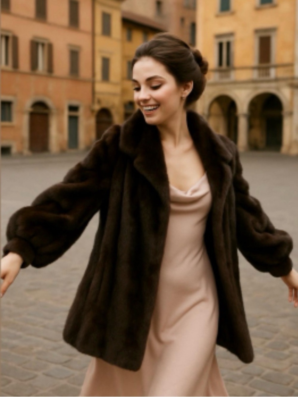 ALAN FURS MINK NAFA LABEL VINTAGE MOBWIFE LUXURY DK BROWN LONG JACKET W BAG SZ S